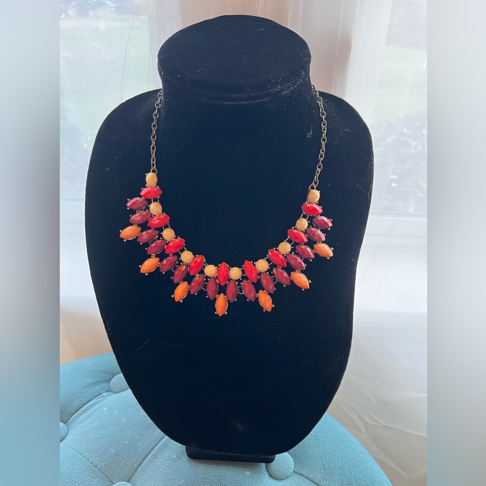 J. Crew Vibrant Orange Maroon and Beige Necklace
